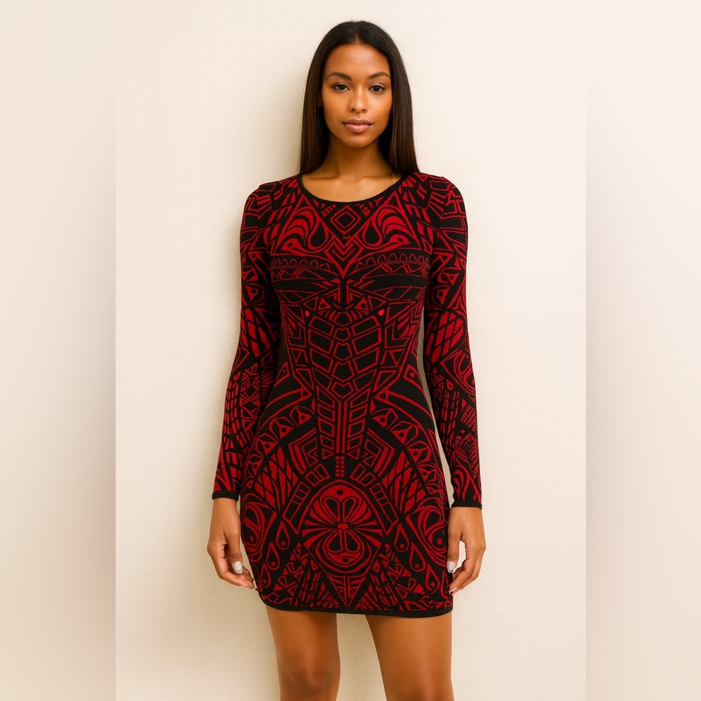 Designer RVN Viscose Knit Dress Long Sleeve Fitted Bodycon Large rare designer